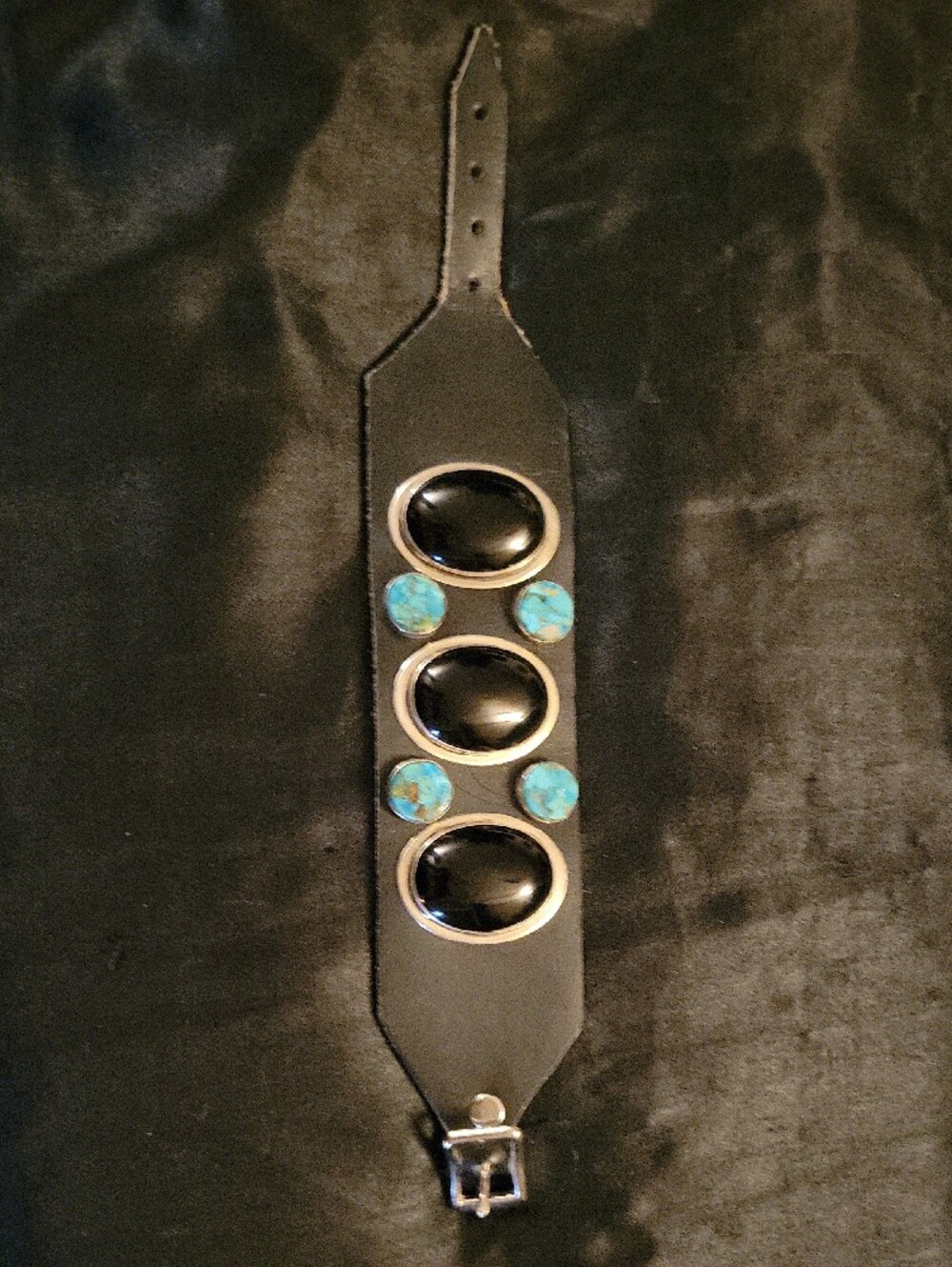 Black Leather Cuff Bracelet with Turquoise and Onyx Stone - Picture 4 of 5